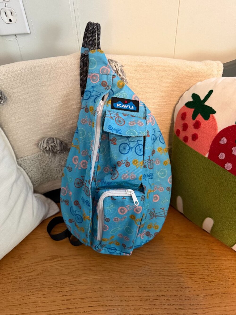 Like New KAVU Mini Rope Sling Bag – Light Blue Bicycle Print